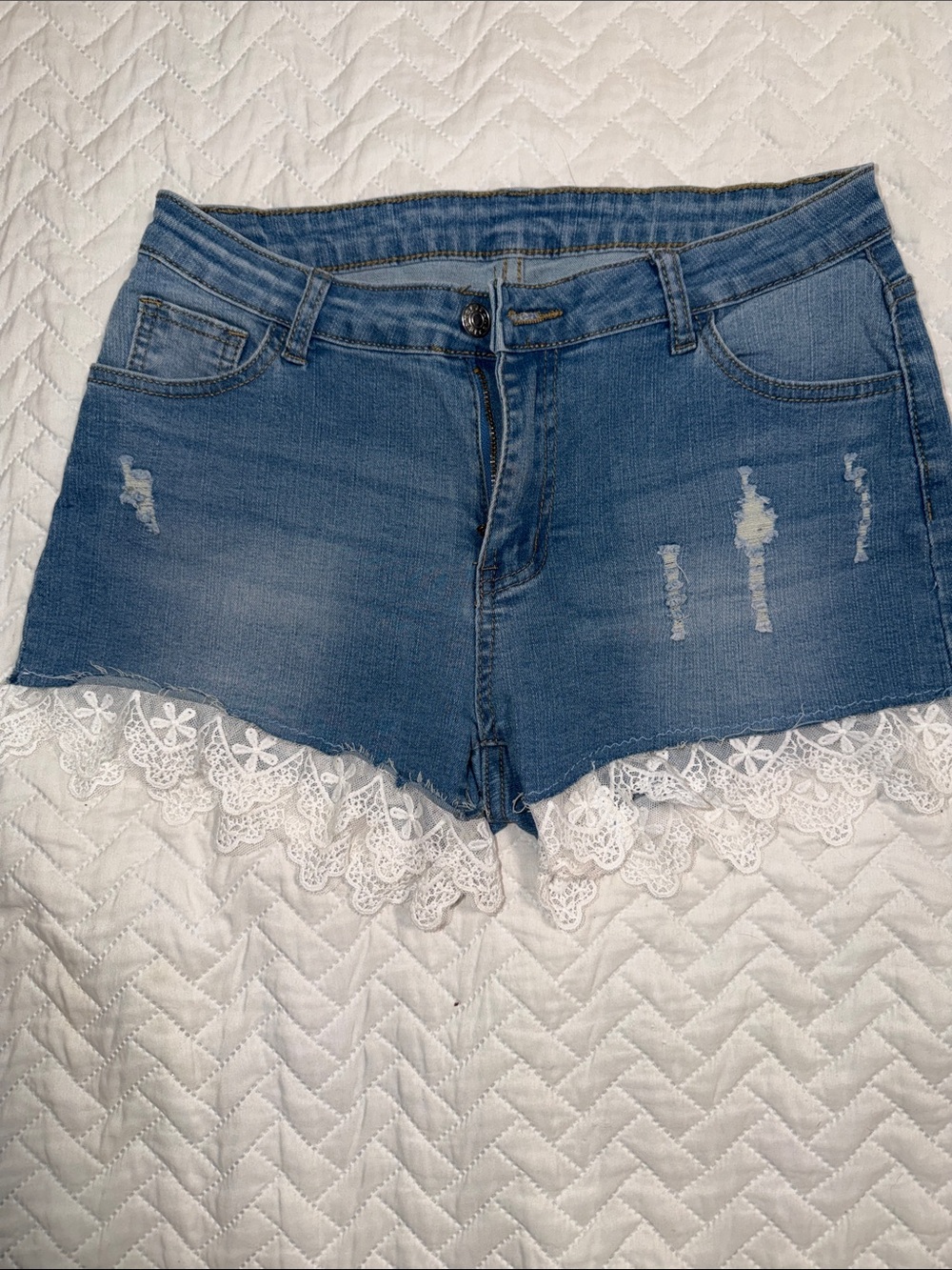 SHEIN Blue Denim Lace-Trim Shorts